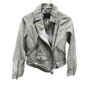 AllSaints Women's Cole Biker Leather Jacket Sky Blue Size 2 Asymmetric Zip